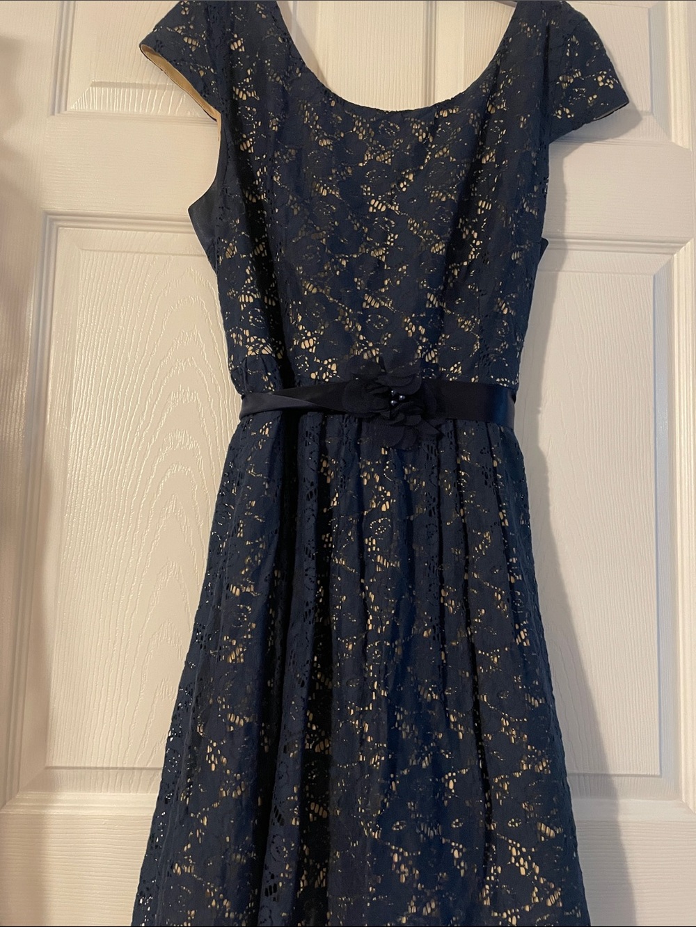 Navy Lace Fit & Flare Party Dress with Satin Belt
